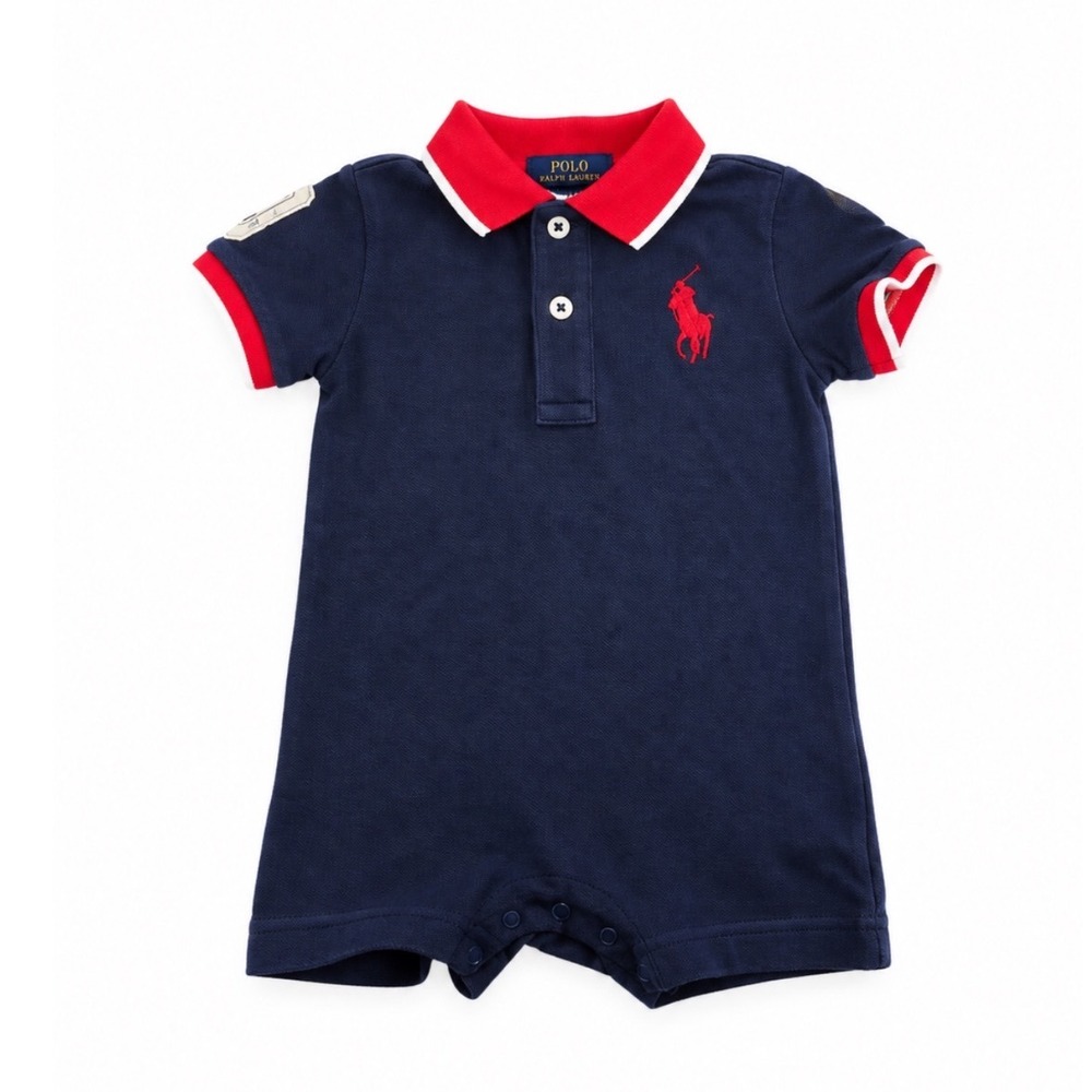 Ralph Lauren Baby Boy Navy Blue Polo Romper Red Pony 9M